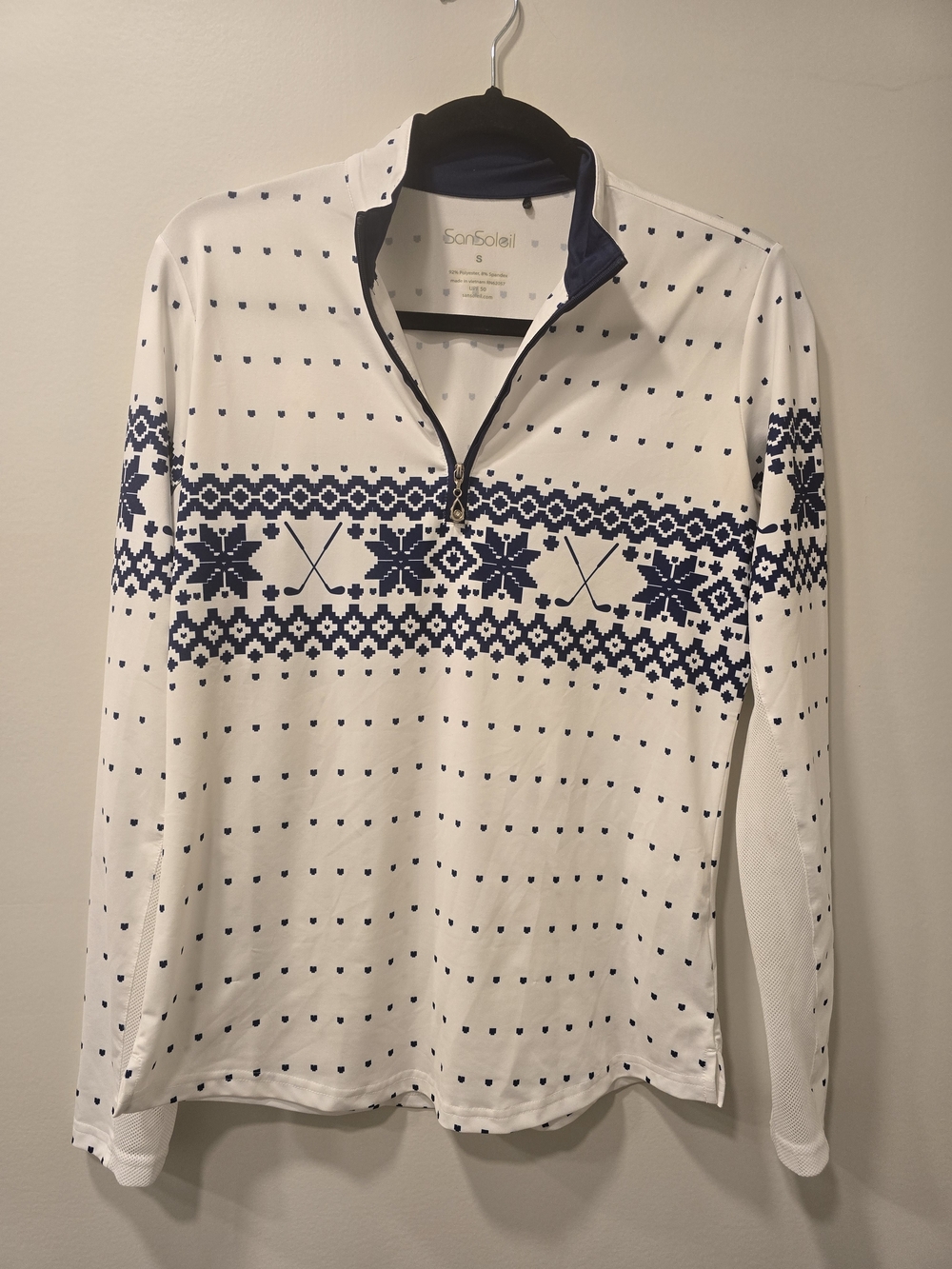 SanSoleil SolCool Women's Small 1/4 Zip Golf Pullover UPF 50 Navy Snowflake